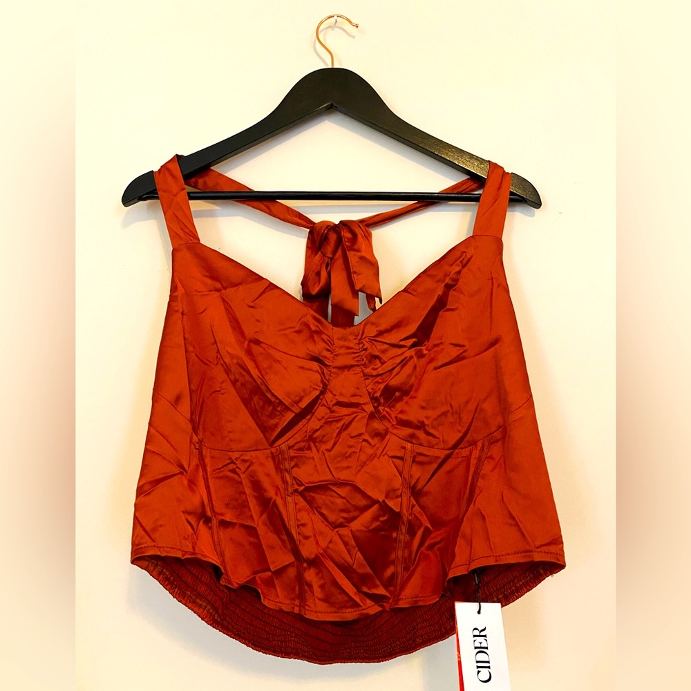 Cider Satin Halter Top 2xl & 3xl. Elastic below fitted bodice.